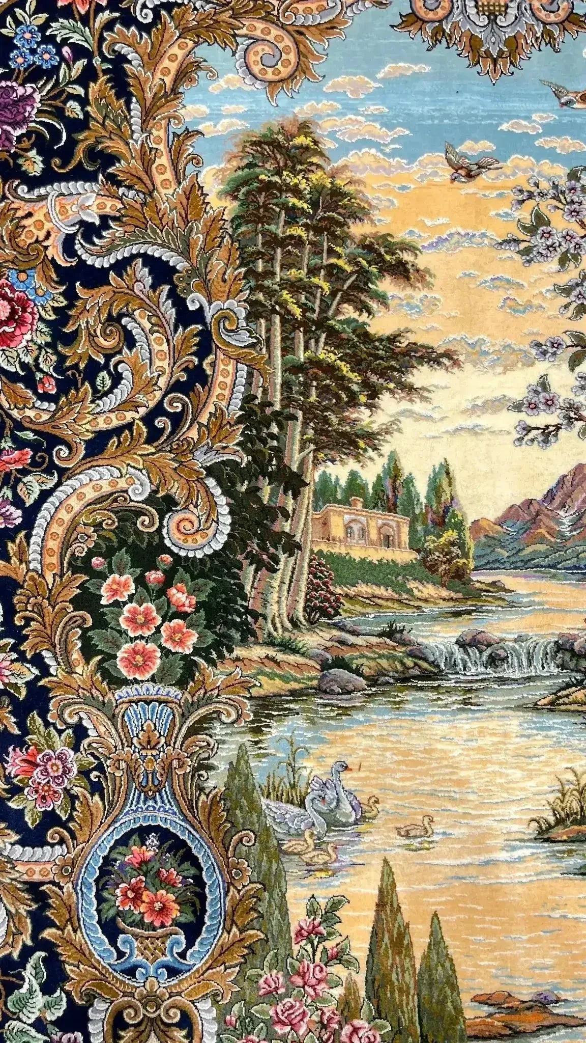 "Persian rug for sale – Luxurious wool and silk, hand-knotted by Mirzaie, 7.5x5.2 feet, 5 mm thick"